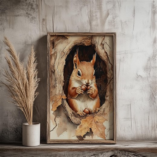 Cute Squirrel Wall Art Print, Woodland Animal Illustration, Rustic Forest Decor, Cozy Wildlife Poster - Etsy