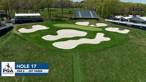 Flyover Hole 17 at Bethpage Black Par 3 | 207 yards Perhaps the best par 3 on the course, although nothing fancy. The slightly elevated green sits 43 yards wide and split by a spine through its middle. A deep bunker guards the front of the green, with other bunkers catching poor shots to the right, long and left. | PGA Championship