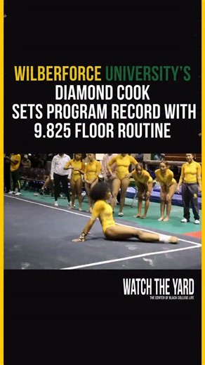 Diamond Cook of Wilberforce University is raising the bar in HBCU gymnastics. In a recent meet featuring Fisk and Greenville, Cook delivered a standout performance on the floor exercise, earning a program-record 9.825 and tying for the event title. The score marks one of the highest in Wilberforce gymnastics history. Let’s all show @diam.cook some love! | Watch The Yard