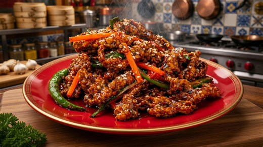 This beef turns crispy then coated in sauce