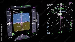 Flight instruments display of a modern passenger airplane flying at night. Actual cockpit footage. Aircraft is descending for landing.