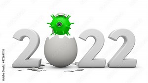 3d animation of a green one-eyed coronavirus that hatched from an egg and the date of the 2022 new year. The idea of a pandemic in 2022. The year of covid-19.