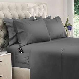 King Size Sheet Set, Soft Microfiber 1 Piece Hotel Luxury Bed Sheets with Deep Pockets, Embroidered Pillow Case, Side Storage Pocket Fitted Sheet, Flat Sheet (Gray)
