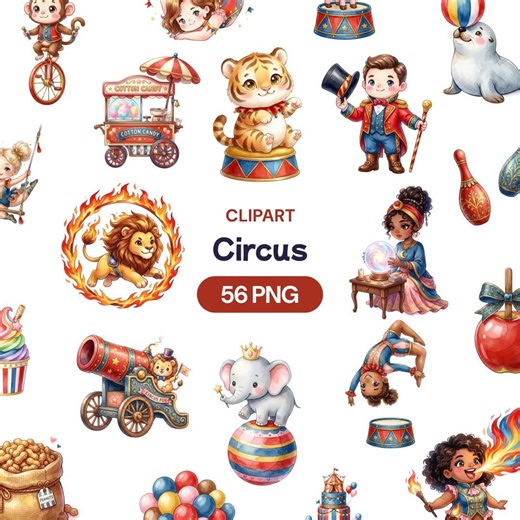 Circus Clipart, Watercolor Carnival PNG, Amusement Park Graphic, Cute Fair Animal Art, Big Top Performer - Etsy
