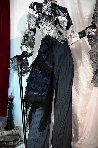 ⚜️ A refined Gothic Ouji look defined by a blue blood–print pointed-collar shirt paired with a matching jabot tie, creating a sharp, aristocratic silhouette with dark, elegant charm.🦇 ✨ Shirt — search “AL-H-067” on devilinspired.com — $76.00 🛍️ Elevate your Gothic Ouji coord with one statement piece! 🦃 Free Shipping on Orders over $69. SHOP NOW >> #gothicstyle #ouji #gothiclolita #darkfashion #devilinspired | Devilinspired