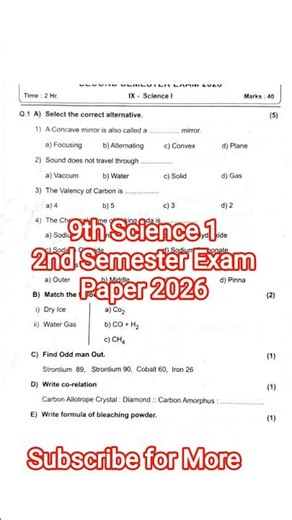 9th Science 1 Second Semester Exam Paper 2026 #sscboard #9thclass #science #education