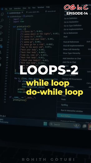 Rohith Goturi on Instagram: "OG IN C Series Ep-14 🚀 while & do-while loops = condition batti repeated work cheyyadaniki use chese smart tools! While: exam mundu ‘practice correctga ayithe’ ane condition check chesi start avtundi… Do-while: gym lo ‘oka set ayyaka’ condition check cheskunattu, first execute ayyi tarvatha check avtundi 😎🔥 Simple Telugu real-life examples tho rendu loops madhya difference clear ga explain chesa ✨ C language series, c language series in Telugu, c language telugu F