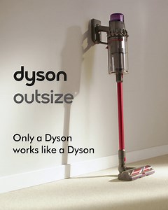 Dyson Outsize comes with a 25% wider cleaner head to cover more floor with each sweep, and a 150% bigger bin for longer cleans between emptying. It intelligently senses and adapts to different floors, to deep clean your whole home. | Dyson