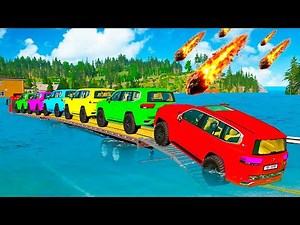 Triple Flatbed Trailer McQueen Transportation with Truck - Speedbumps vs Cars vs Train - BeamNG #78