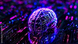 Digital purple and blue human brain with neural connections. 3D Science and Technology concept. Neural network. IQ testing, artificial intelligence virtual emulation science technology. Brainstorm
