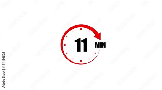 Red circular timer icon with arrow indicating 11 minutes on a clean white background clock countdown