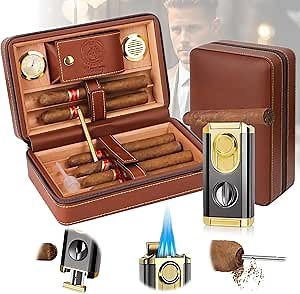 Travel Cigar Humidor, Cedar Wood Lined, with All-in-one Cigar Lighter, Built-in V Cutter& Holder, Cigar Draw Enhancer, Hygrometer & Humidifier, Leather Cigar Case with Cigar Accessories Hold 6 Cigars