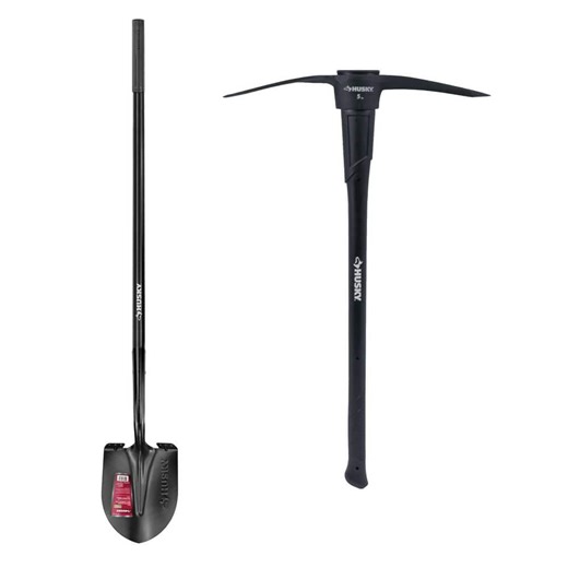 Husky 5 lb. Pick Mattock with 36 in. Fiberglass Handle and 47 in. L Fiberglass Handle Carbon Steel Digging Shovel with Grip - The Home Depot