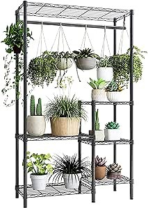 Xiofio Plant Stands for for Indoor Outdoor, Heavy Duty Metal Plant Stand,large Plant Shelf,Adjustable Plant Shelves With Hanging Rod for Living Room,Balcony,Garden,Black