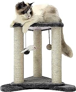 HeyKitten Cat Scratching Posts with Perch, 3 Sisal Rope Poles, Dangling Balls and Toy Mouse, Gray