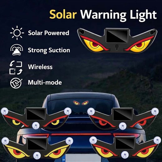 Solar Powered Devils Eyes LED Car Light, Dynamic Devil Eyes Lights Windshield Ambient Lamp with Vibration & Light Sensor, Suction Mount, USB-C Rechargeable