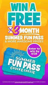 15K views · 40 reactions | ☀️ Score a FREE Summer Fun Pass for unlimited visits with up to 250 game plays, up to 50% off food & Pepsi fountain drinks and more for 3 whole months! ➡️ Click here to enter! https://qkly.co/chuckecheese/JpAZyAyn *At participating locations. No purchase necessary. Ends no later than 05/28/2025. For details & Terms and Conditions, visit quikly.com. | Chuck E. Cheese | Facebook