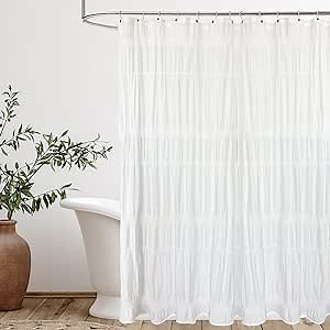 Seasonwood White Shower Curtain Farmhouse Shower Curtain with Pinched Pleats and Striped Texture, Cotton Blend Fabric Shower Curtains, Decorative Cloth Bathroom Curtain, 72 x 72