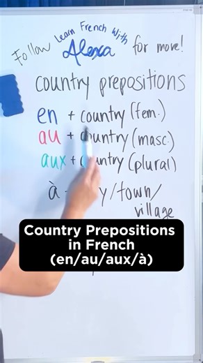 Learn French With Alexa on Instagram: "Why are there different prepositions for countries in French? Here are the answers ⬇️ ___________ *NOTE* It is very important, as with all subjects in French, that you know the gender and number of nouns. So, is a noun: - feminine? - masculine? - plural? etc. Now, onto the lesson: en + country (feminine) Je vais en France. au + country (masculine) Je suis au Canada. aux + country (plural) Je pars aux États-Unis. à + a city or a town or a village J’habite à 