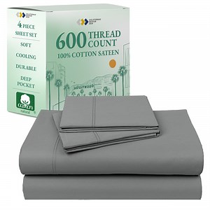 California Design Den Queen Bed Sheets Set - 600 Thread Count 100% Cotton Sateen, Adult 4 Piece Bed Sheet Set - Mist Grey