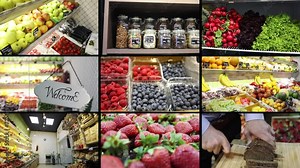 Collage with fruit shop - cutting bread, berries, fruits, vegetables, sign