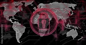 Lock symbol and global map with hexagonal patterns, cybersecurity animation