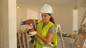 Young woman repairer trying hard to bore hole in wall with drill. Female builder wearing hardhat and vest, drilling hole in wall. Stock Video