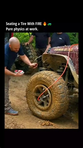 wealth💰 on Instagram: "Lowering tire pressure is common in off-road driving to improve traction. But sometimes, the tire completely slips off the rim. When you’re miles away from a workshop with no industrial air compressor… physics becomes the solution. 🧪🔥 Here’s how it works: A flammable aerosol is sprayed into the gap between the tire and the rim. When ignited, rapid combustion occurs, instantly raising the temperature inside the tire. According to the Ideal Gas Law (PV = nRT), this sudden