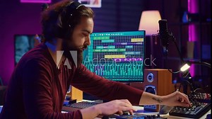 Sound engineer operates recording equipment and oversees audio performances to ensure the perfect notes. Musician composer producing sounds with MIDI controller and mixing console. Camera A.
