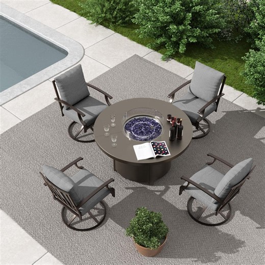 Reviews for Halmuz 5-Piece Metal Patio Conversation Set with 4,000 BTU Round Fire Pit Table, 4-Swivel Chairs, Grey Cushions | Pg 1 - The Home Depot