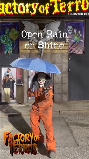 ☔️ Rain or shine… the terror never stops. Our monsters don’t melt and neither should you. 👻 We’re OPEN TONIGHT, come get scared! 🎟️ FactoryofTerror.com 📍 Fall River, MA #FactoryOfTerror #RainOrShine #HauntSeason #HauntedHouse #FallRiverMA | Factory of Terror