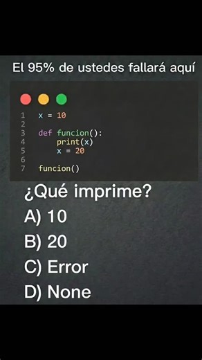 Andrea Freire | Informática Practik on Instagram: "🤯 ¿Te atreves a desafiar tu lógica de Python? ​Este es uno de esos ejercicios que separa a los novatos de los que realmente entienden cómo Python gestiona la memoria y el alcance de las variables ("Scope"). 🧠 ​A simple vista, el código parece inofensivo. Tienes una variable global x = 10 y una función que la usa. Muchos dirán que imprime 10. Otros jurarán que imprime 20. ​Pero Python tiene una "letra pequeña" sobre leer y escribir variables de
