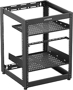 ynVISION.DESIGN 15U Server Rack - Floor Stand or Wall Mount Open Frame with 1U/2U Shelf, Lacer Bar, Leveling Feet & Straps - Includes Mounting & Rack Screws - Fits AV, Network, Audio, Server Equipment