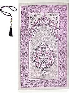 Prien Prayer Rug with Tasbih | Muslim Carpet | Praying Mat with Prayer Beads | Islamic Gifts for Women Men | Islam Portable Pray Set for Travel Kids Ramadan Namaz Hajj Umrah (Lilac)