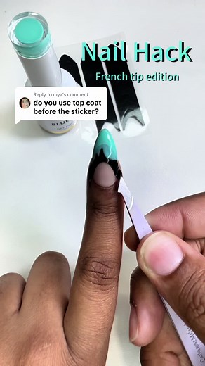 Replying to @mya This is the best way I find to use these french tip stickers 😊 #nailsticker #nailhack #frenchtipnails #fenchtipsticker Step 1: apply a base color of your choosing Step 2: apply a layer of matte top coat (the stickers adhere better and it preventages seepage) Step 3: apply the nail sticker at an angle laying it flat & then remove all air bubbles Step 4: apply the color of your choice & DO NOT CURE ( I get the best results removing the sticker first ) Step 5: remove the sticker w