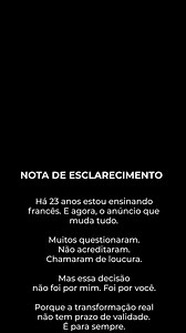 NOTA DE ESCLARECIMENTO Há 23 anos estou ensinando francês. E agora, o anúncio que muda tudo. Muitos questionaram. Não acreditaram. Chamaram de loucura. Mas essa decisão não foi por mim. Foi por você. Porque a transformação real não tem prazo de validade. É para sempre. A BLACK INSANA FICOU AINDA MELHOR E vou te contar o que mudou: 7 BÔNUS EXCLUSIVOS para esta turma. Sim, você leu certo. SETE bônus que NUNCA MAIS serão oferecidos juntos. Cada um pensado para acelerar seu francês. ATENÇÃO: DATAS E