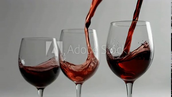 Red wine being poured into glasses whilst sitting on a wobbly surface against a white background