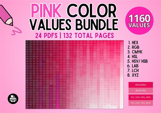 Pink Color Values Bundle: Hex, Rgb, Cmyk, Hsl, Hsv/ Hsb, Lab, Lch, Xyz | Printable Palette Chart, Shade Catalog, Color Swatch Library - Etsy Canada