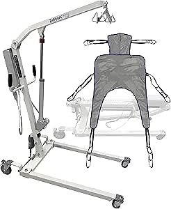 Full Electric Patient Lift - Deluxe Rhino Lift with Power Base - Full Size Transfer Lifter for Home Use and Facilities, 450 lb. Weight Capacity (Lift + Universal Shower Sling Medium)