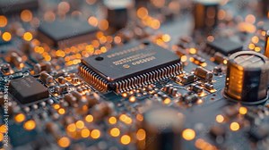 A close-up image showcasing the internal components of a CubeSat circuit board, featuring a central integrated circuit with surrounding resistors and capacitors.