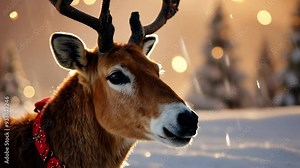 Reindeer with large antlers is wearing a festive red halter and standing in the snow. The background is blurred and features out of focus trees