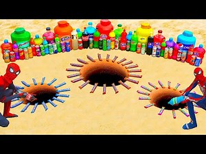 EXPERIMENT: Spiderman vs Coca-Cola, Mtn Dew, Fanta & Popular Soda vs Mentos Three Holes Underground
