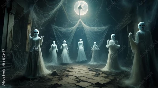 Eerie spectral figures in ghostly white robes gather in a dark, cobweb-draped hall under a full moon