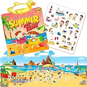 Reusable Sticker Books for Toddlers 1-3, Fun Education Stickers Book for Kids, Cute Waterproof Stickers for Boys and Girls, Gifts (Beach)