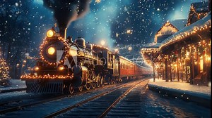 AI Generated of vintage Christmas decorated train at night on a railroad station 4K Video
