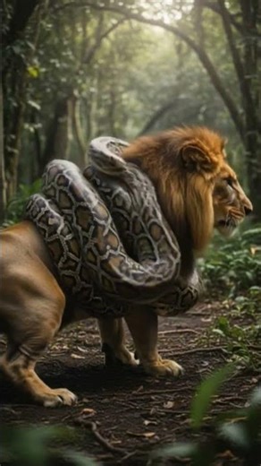 Talk about a serious rumble in the jungle! Python 🐍 versus lion 🦁 – nature is intense! #Wildlife
