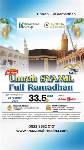 Khazzanah & Medina Tours Padang on Instagram: "Last Call ✨ Untuk hati yang rindu tarawih di Mekkah, menikmati bacaan Al-Qur’an para imam yang MasyaAllah menyejukkan jiwa. 🌙 Masih tersedia seat Umrah Full Ramadhan Kesempatan istimewa meraih pahala berlipat di bulan penuh berkah. 📩 Segera amankan seat sebelum penuh Karena tidak semua rindu mendapat kesempatan kembali 🤍 Update seat per tgl 27 Desember 2025 📍Umrah Full Ramadhan 30 hari hotel shuttel bus 33.5 jt sisa 11 seat 📍Umrah Full Ramadhan