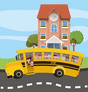 school building and bus with kids in the road scene vector...