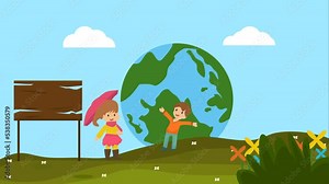 motion animation of children playing in a park with a rotating earth and moving rainbow for education and wallpaper background