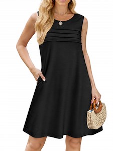 Fantaslook Pleated Tank Dresses for Women Fashion Summer Sleeveless Sundress Casual Beach Dress with Pockets